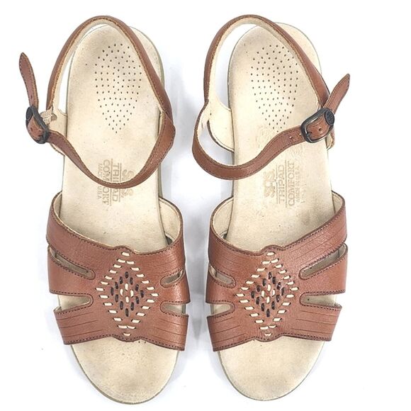 SAS Huarache Quarter Strap Sandals Women 7.5N Antique Tan Brown Embroidery Shoes - Picture 6 of 9